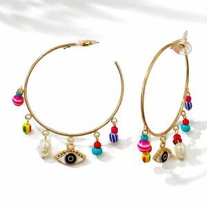3/$20 Multi-Color Beads & Hamsa Charm Hoop Earrings